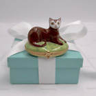 New ListingTiffany & Co.  Hand Painted Trinket Box Made In France Cat Enamel Rare W/ Pouch