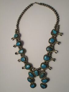 NAVAJO BLUE KINGMAN TURQUOISE STERLING SILVER SQUASH BLOSSOM NECKLACE