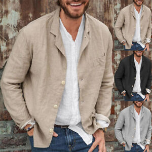 Men's Long Sleeve Cotton Linen Lapel Blazer Jacket Buttons Cardigan Shirts Tops