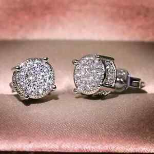 Exquisite Pave 14K White Gold Plated Shiny Cubic Zirconia Men Women Stud Earring