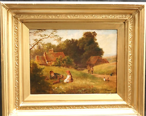 c1895 RURAL LANDSCAPE with CHILDREN & DOG BY COTTAGE SIGNED ANTIQUE OIL PAINTING