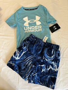 Toddler Boys Under Armour Summer Outfit Swim Trunks Shorts & Shirt Size 4T 4 NWT