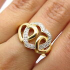 925 Sterling Silver Gold Plated Real White Diamond Triple Heart Ring Size 7.25
