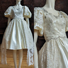 Vintage 1980's Ladies Ivory Satin Lace Wedding Dress Poof Sleeves Beaded Gown