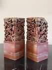 Vintage Pair of Chinese Carved Stone Dragon High Relief Bookends
