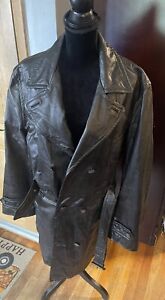Wilson's Leather M. Julian Large Black Leather Trench Coat Double Breasted