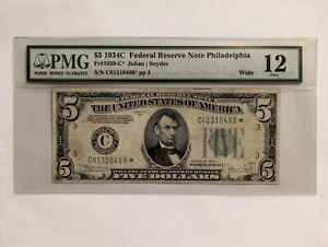 1934C $5 Federal Reserve ⭐STAR⭐ Note Philadelphia, Wide, PMG Fine 12, FR#1959-C*