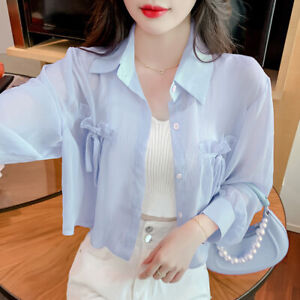 Korean Summer Women's Chiffon Short Blouse UV Protection Long Sleeve Shirts Tops
