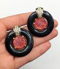 Signed CRAFT Carved Molded Pink Glass Black Round Vintage Clip On Earrings *Read