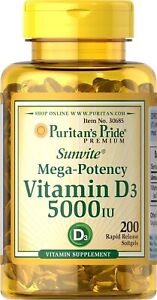 VITAMIN D3 Mega Potency PURITANS PRIDE 5000 IU Immune Supplement 200 Softgels