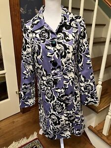 Madison Trench Periwinkle/Black/White Floral Topper Coat Jacket Womans Small