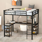 Heavy Duty Metal Loft Bunk Beds Full Size Loft Bed with Desk and Storage Shelves