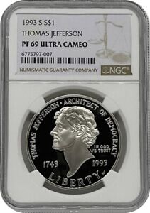 1993 S Thomas Jefferson Commemorative Proof Silver Dollar NGC PF69 UC SKU Brown