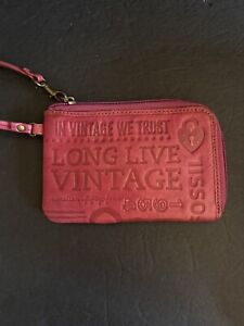 FOSSIL Leather Wristlet Wallet CC Long Live Vintage Zip Around Dark Pink