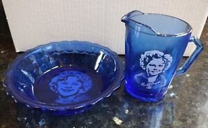 1930's Hazel Atlas Cobalt Blue SHIRLEY TEMPLE Cereal Bowl and Milk Pitcher