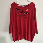 Quacker Factory Red Halloween Bats Going Batty Embroidery Rhinestone Knit Top 2X