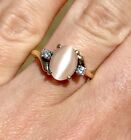 Vintage 14k Solid Yellow Gold Moonstone And Diamonds Ring