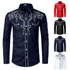 Mens Western Cowboy Shirt Long Sleeve Retro Embroidery Casual Buttons Down Shirt