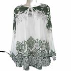 women’s  blouse white with green printed flare sleeves keyhole tie no tag XXL