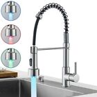 Commercial Brushed Nickel LED Spring Kitchen Sink Faucet with Pull Down Sprayer