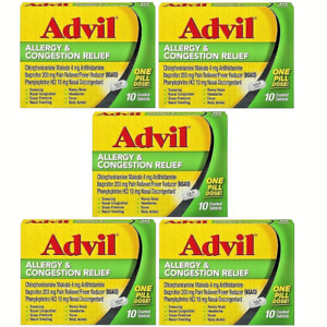 5 Packs Advil Allergy Congestion Relief Ibuprofen 200 mg 10 Tablets/Pack 11/2024