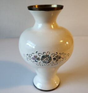 New ListingVintage Enamel On Copper Vase in White And Mother Of Pearl Floral Design