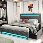 LED Queen Full Size Bed Frame with 4 Storage Drawers Upholstered Platform Bed