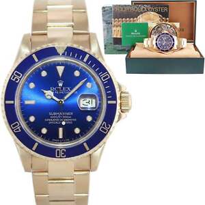 MINT 1999 Rolex 16618 Submariner 18K Yellow Gold Blue Sunburst 40MM Watch Box