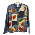 Tiara Sweater Cardigan Women Size M Blue Fall Pumpkin Harvest Full Zip Vintage