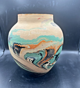 Nemadji USA Red Clay Pottery Vase  - Turqoise, Orange, Black, Cream Swirl - 8