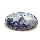 Vintage Sterling Silver Blue White Windmill Scenic Porcelain Oval Brooch Pin