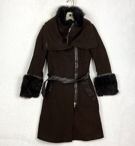 Mackage Womens Jacket Coat Size Medium Brown Belted Cashmere Wool Blend Fur