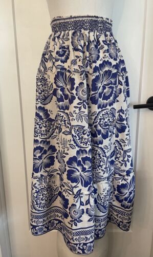 Rachel Zoe White Blue Floral Linen Rayon Shirred Waist Tiered Midi Skirt Size S