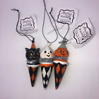 New Set of 3 Johanna Parker Checkered Cone Halloween Ornaments Cat Ghost Pumpkin