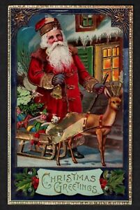 0402 Antique Vintage Santa Claus Postcard Red Robe & Hat Reindeer Gel Coat *READ