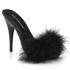 Black Satin Sexy Feathers Bedroom Slippers Heels Shoes Striptease size 8 9 10 11