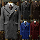 Vintage Tweed Men Long Overcoat Double Breasted Big Pocket Formal Business Wear