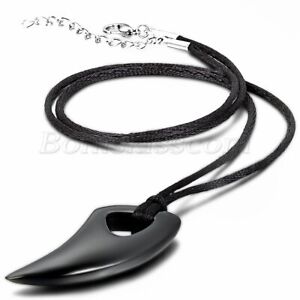 Men's Black Stainless Steel Wolf Tooth Charm Pendant Necklace Cord Birthday Gift
