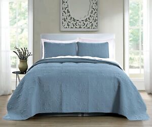Quilt Set King/Cal King/California King Size Ash Blue Oversized Bedspread
