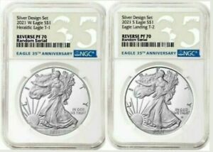 2021-W & S (PF70) Reverse Proof Silver Eagle Designer 2 Coin Set NGC Type 1 & 2