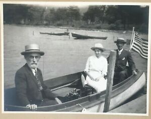 New ListingAntique 1890s Photo Black White US Flag Men Woman Boat Nautical Clothing Hats