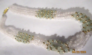 Vintage 70's Rose quartz celadon jade jadeite multistrand necklace 18'