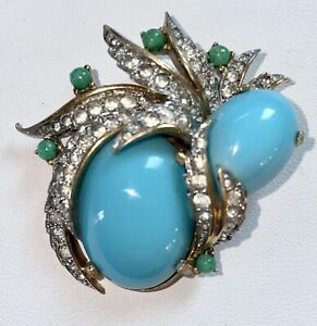 Exquisite JOMAZ Big TURQUOISE Cabochons and Jade spheres w/RS Gold Brooch Pin