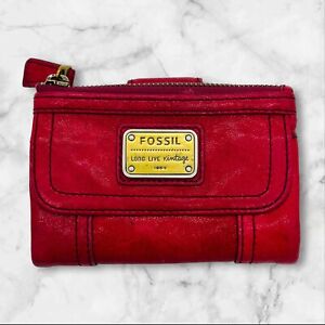Fossil Long Live Vintage 1954 Trifold Burgundy Red Lamb Hide Top Zip Wallet