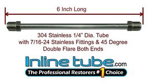 1/4 Brake Line 6 Inch Stainless Steel 7/16-24 Tube Nuts 45 Degree Double Flare