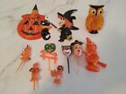 Lot Of 10 Vintage Plastic Halloween Collectibles, Owl Light, Cake Toppers