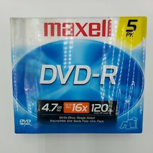 Maxell DVD-R 4.7gb discs in Jewel Cases. Factory Sealed 5 Pack
