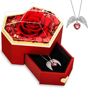Mothers Day Gifts for Mom - Preserved Real Rose with Angel Wings Heart Necklace