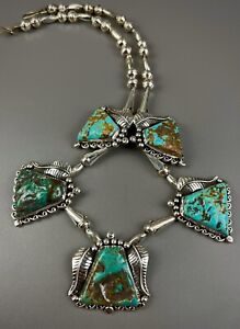 Navajo Sterling Silver Royston Turquoise Squash Blossom Necklace LOVELY & UNIQUE