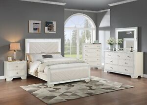 Classic Cream Bedroom Queen Size Bed w LED 4pc Set Dresser Mirror Nightstand